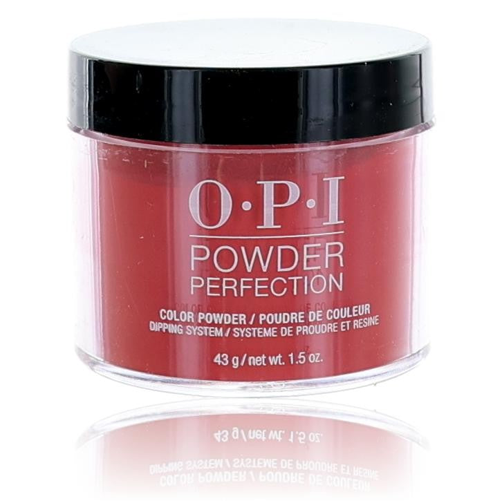 OPI Powder Perfection Cajun Shrimp dip powder in 1.5 oz jar, showcasing vibrant coral-pink color for nail enhancements.