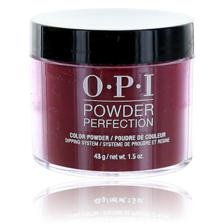OPI Powder Perfection Malaga Wine dip powder for nails in a 1.5 oz jar, showcasing deep burgundy color and brand label.