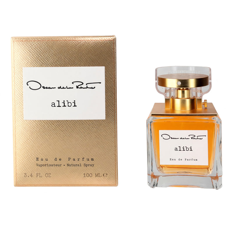Oscar De La Renta Alibi 3.4 oz women's EDP spray bottle with elegant packaging and floral design.
