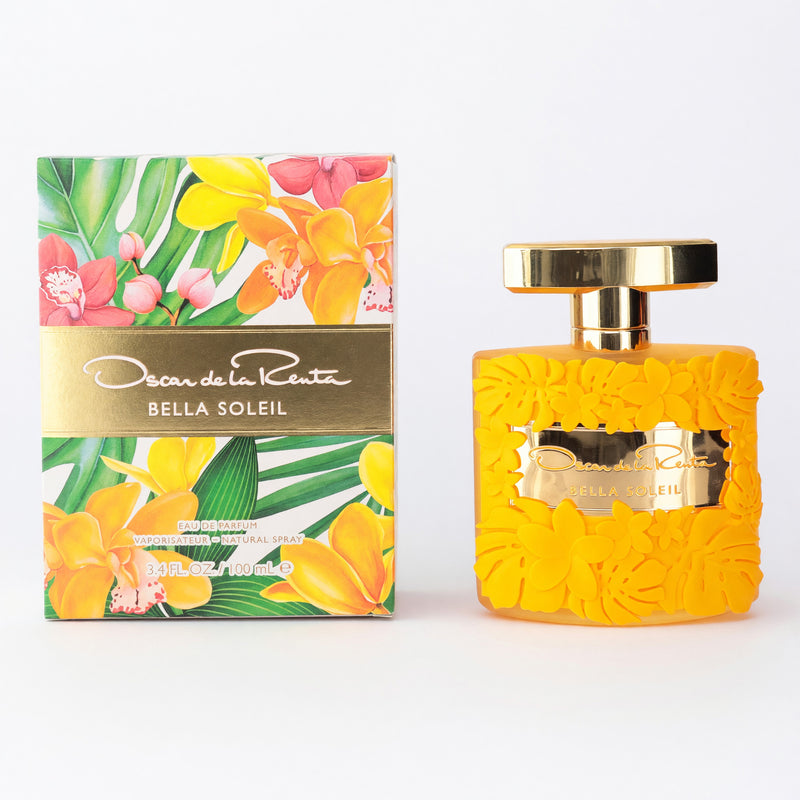 Bella Soleil by Oscar de La Renta 3.4 oz EDP spray for women, elegant glass bottle with floral design and silver cap.