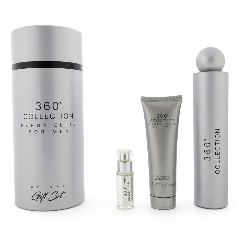 Perry Ellis 360 Collection 3-piece gift set for men, including toiletry bottles and accessories in a sleek gift box.
