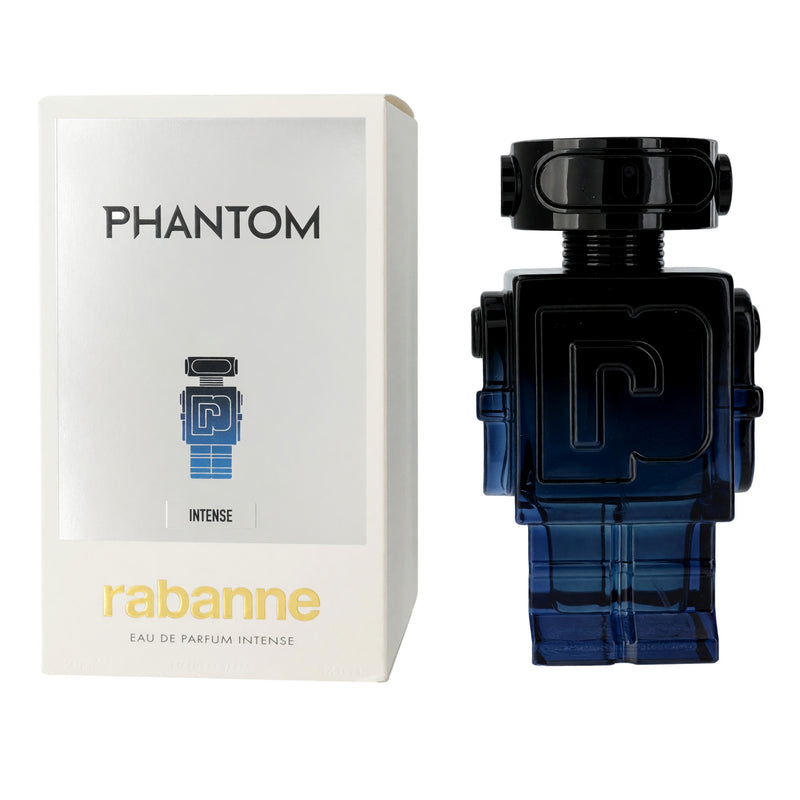 Paco Rabanne Phantom men's 3.4 oz EDP Intense bottle, sleek modern design with transparent and metallic accents visible in the image.