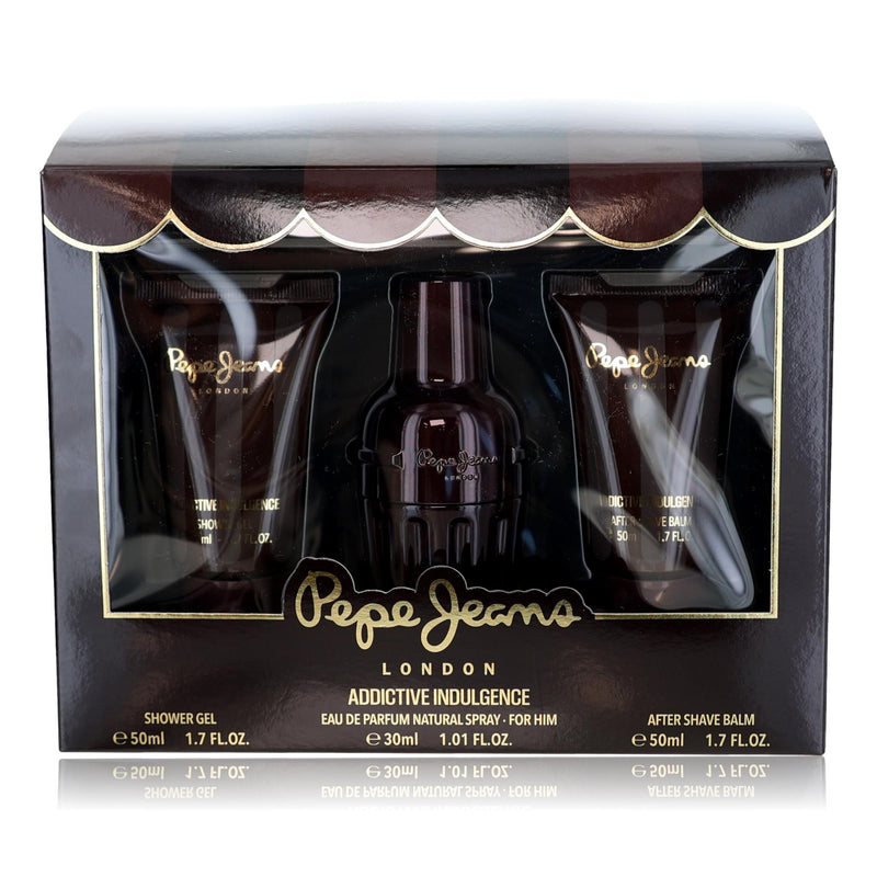 Addictive Indulgence Pepe Jeans London 3-piece gift set for men, featuring stylish packaging and men's fragrance bottles.