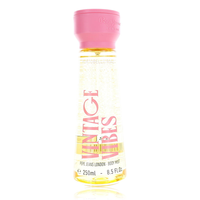 Vintage Vibes Pepe Jeans London 8.5 oz women's body mist bottle with vintage-inspired design and clear spray nozzle.