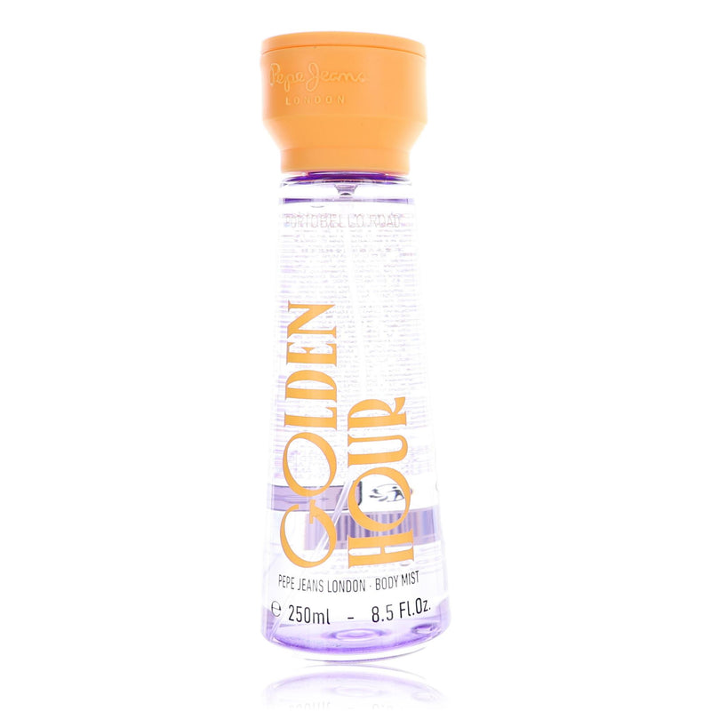 Pepe Jeans London Golden Hour 8.5 oz women’s body mist bottle, featuring a sleek design and golden accents.