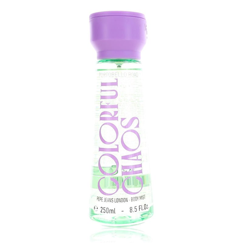 Colorful Chaos Pepe Jeans London women's 8.5 oz body mist bottle, vibrant packaging and spray nozzle visible.