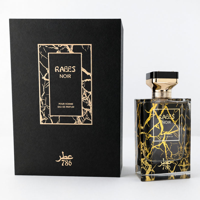 Jo Milano Raees Noir men's 3.4 oz EDP spray bottle, sleek black packaging, stylish design for sophisticated fragrance.
