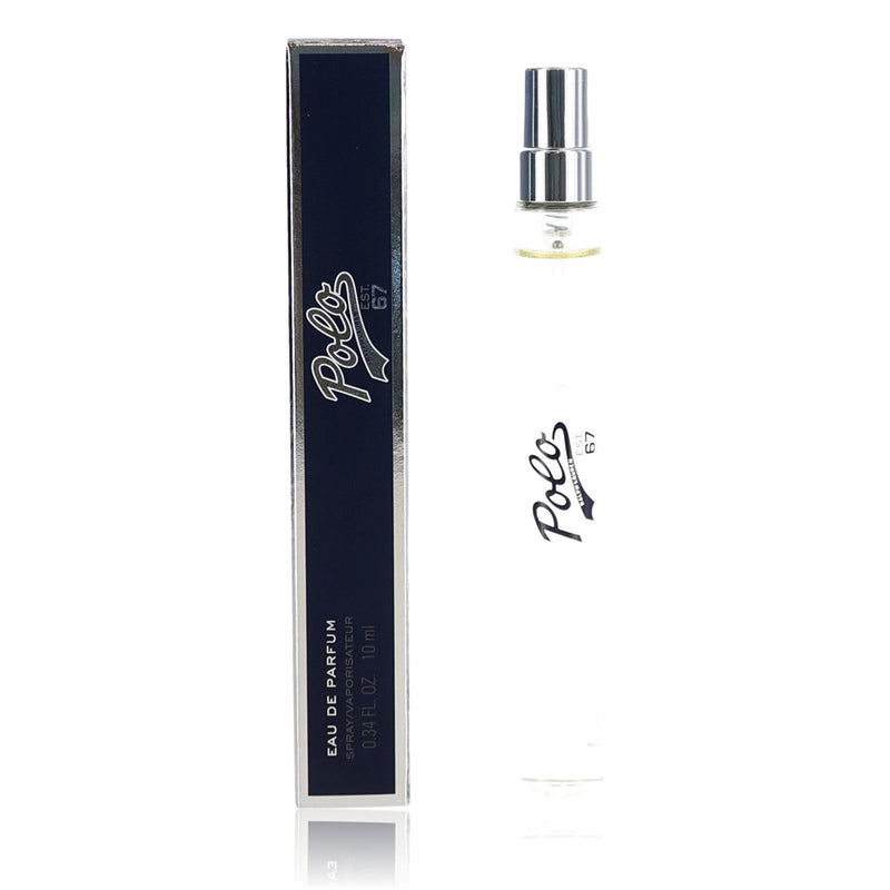 Ralph Lauren Polo 67 men's 0.34 oz EDP spray bottle with sleek design and branding, ready for use.