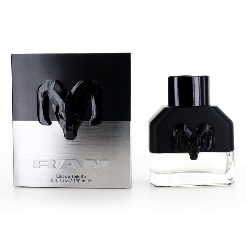 RAM New Truck men's 3.4 oz EDT spray bottle with sleek packaging, featuring the RAM logo and modern design.