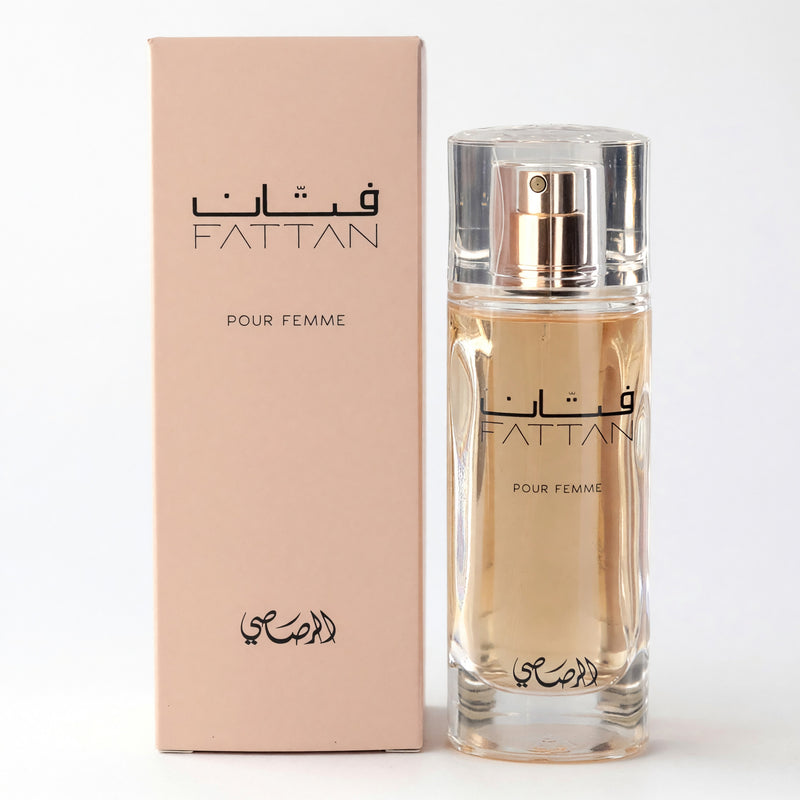 Rasasi Fattan women’s 1.7 oz EDP spray bottle with elegant packaging, showcasing the perfume for women by Rasasi.