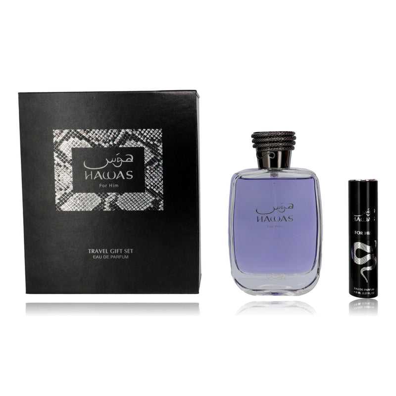 Rasasi Hawas men's gift set with two fragrance bottles and accessories, featuring sleek packaging and elegant design.
