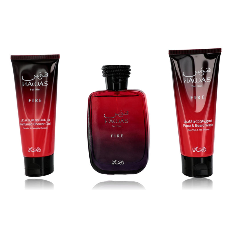 Rasasi Hawas Fire 3-piece unisex gift set with perfume bottles and packaging, showcasing the fragrance collection.