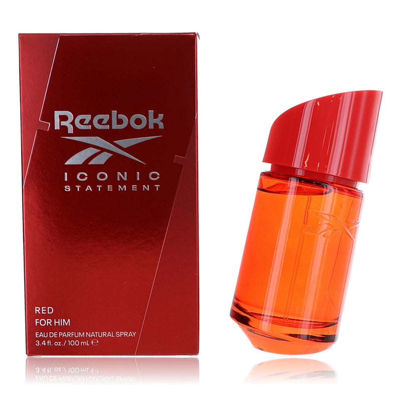 Reebok Iconic Statement Red men's 3.4 oz EDP spray bottle, featuring sleek packaging and branding.