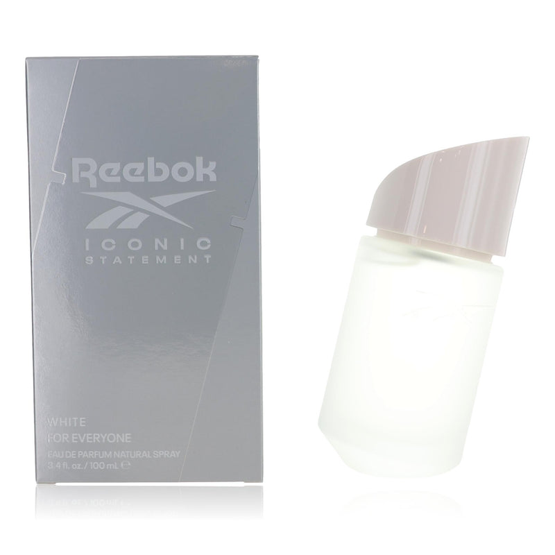 Reebok Iconic Statement White 3.4 oz EDP spray bottle, showcasing the sleek packaging for unisex fragrance.