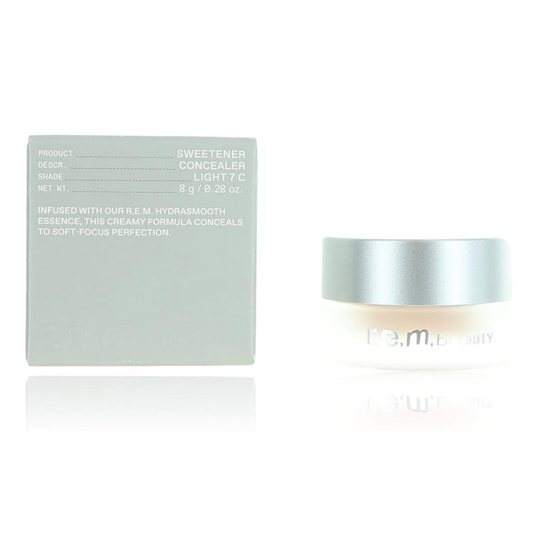 r.e.m. beauty Sweetener concealer in Light 7 C, physical makeup product, close-up showing the .28 oz container and applicator.