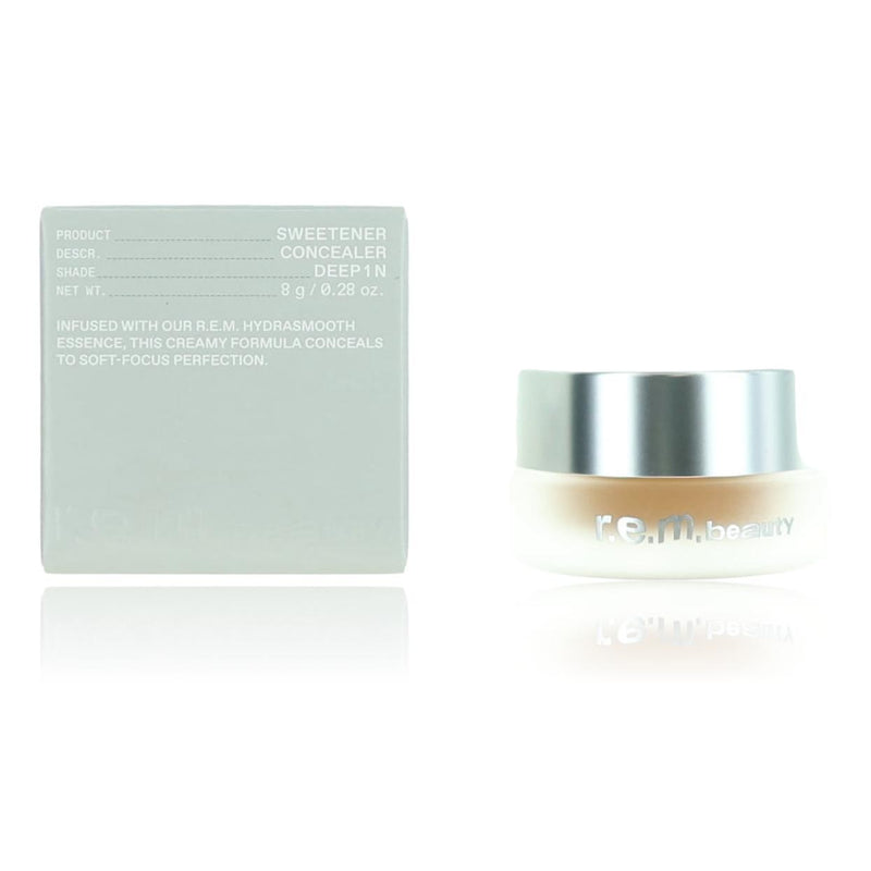r.e.m. beauty Sweetener concealer in Deep 1 N, 0.28 oz, physical makeup product with swatched shade on skin