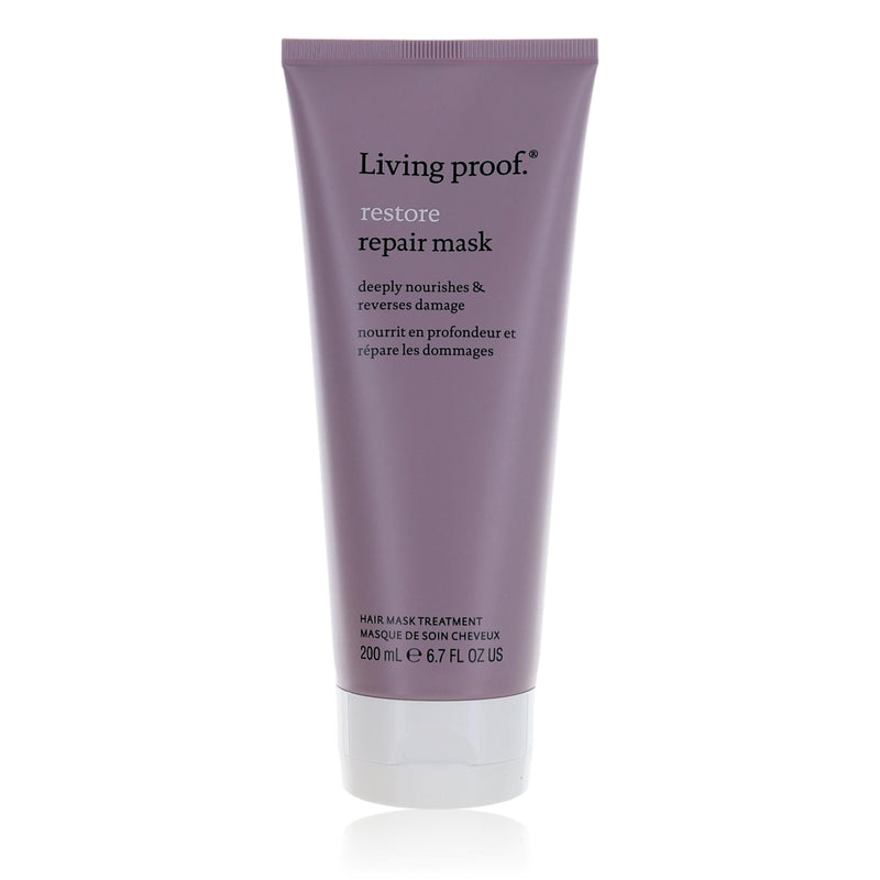 Living Proof Restore Repair Mask in a 6.7oz jar, a nourishing hair treatment with a creamy texture and white packaging.