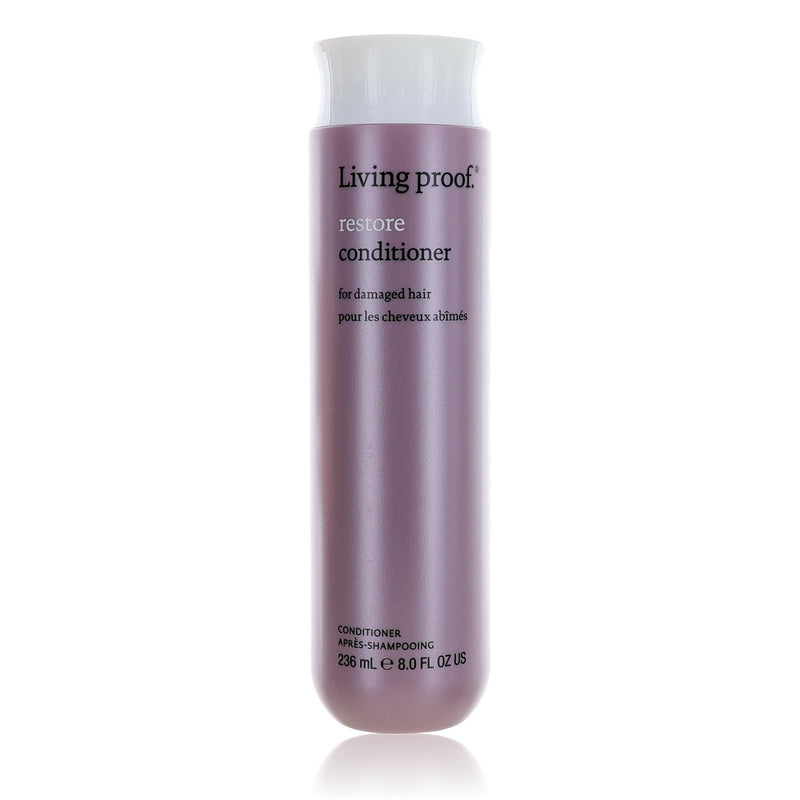 Living Proof Restore Conditioner in 8 oz bottle, hydrating hair treatment with a sleek white and blue packaging design.
