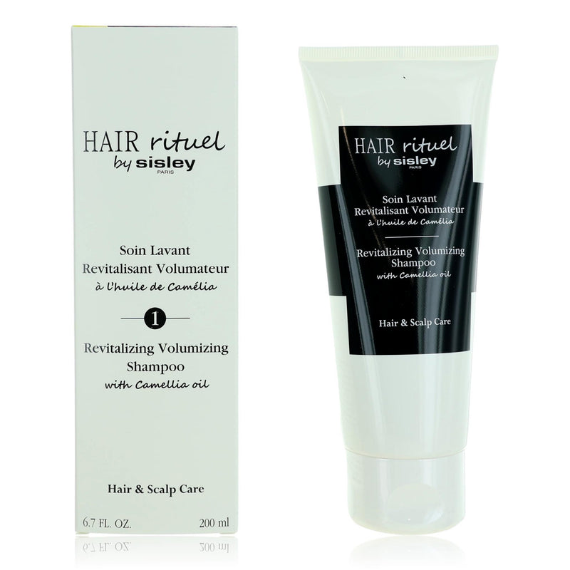 Sisley Hair Ritual revitalizing volumizing shampoo in a 6.7 oz bottle, showing the sleek packaging and product label.