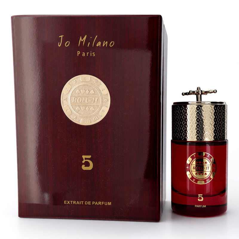 Jo Milano Roll It 5 unisex parfum spray bottle, 3.4 oz, with sleek packaging and elegant design.