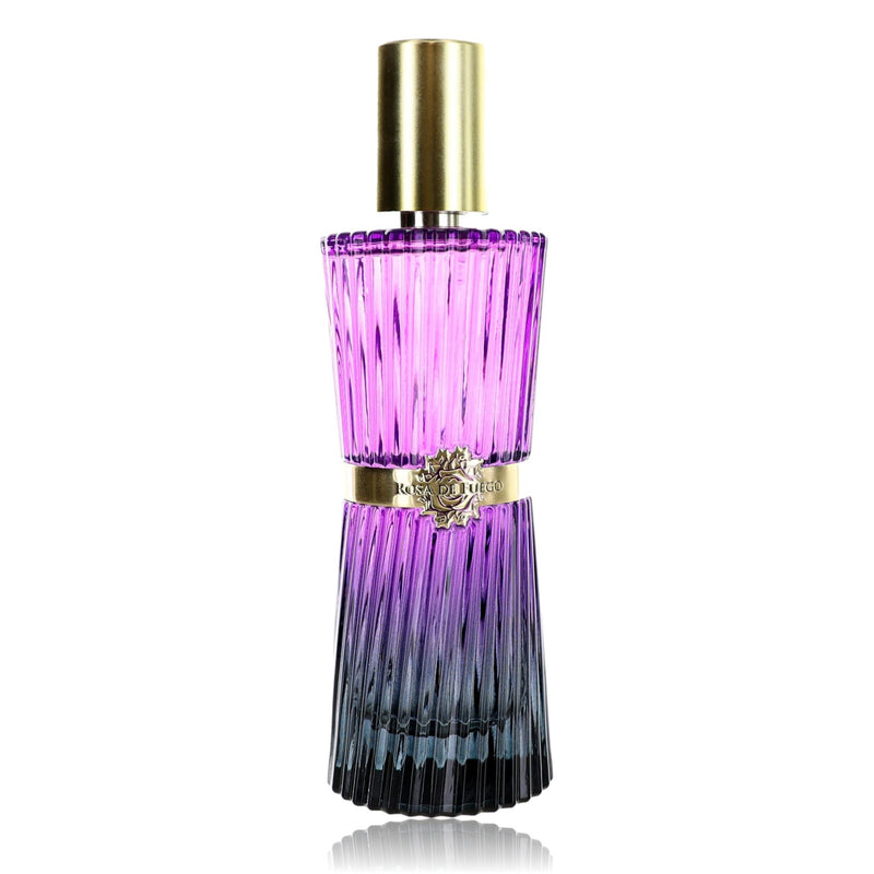 Unboxed Rosa De Fuego Merengue by Fuego Fragancias 4.2oz EDP spray for women, featuring a floral and fruity bottle design.