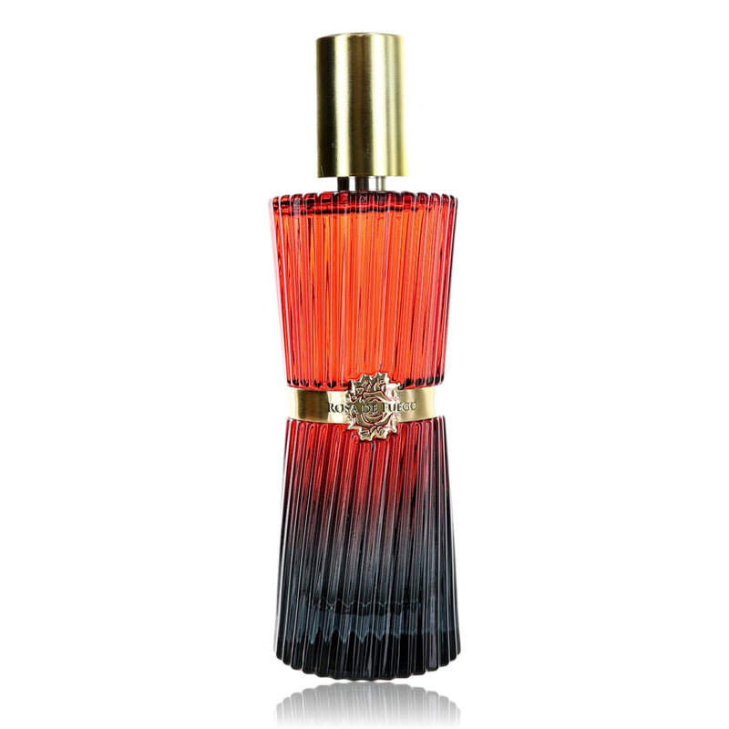 Unboxed Rosa De Fuego perfume by Fuego Fragancias in 4.2oz EDP spray, featuring a sleek bottle design for women.