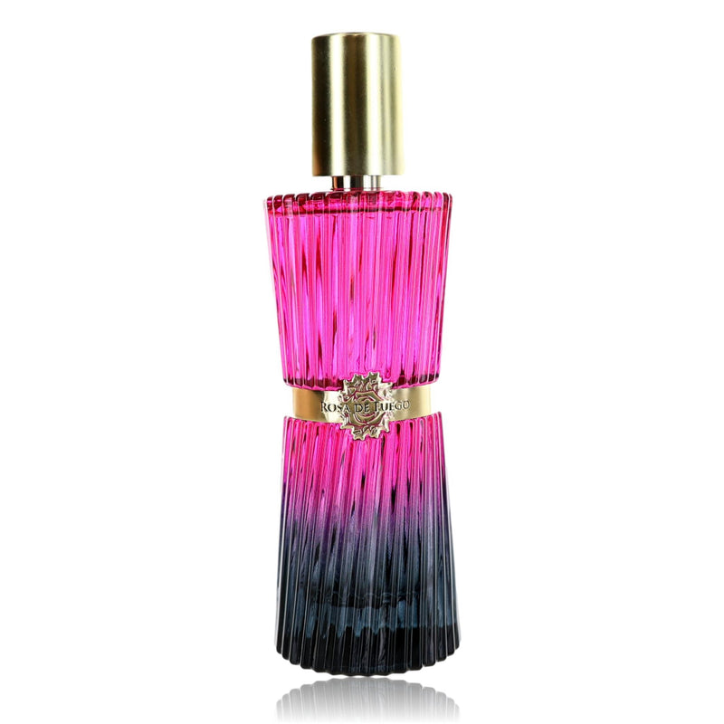 Unboxed Rosa De Fuego Tango by Fuego Fragancias 4.2oz women’s EDP spray bottle with pink floral design.