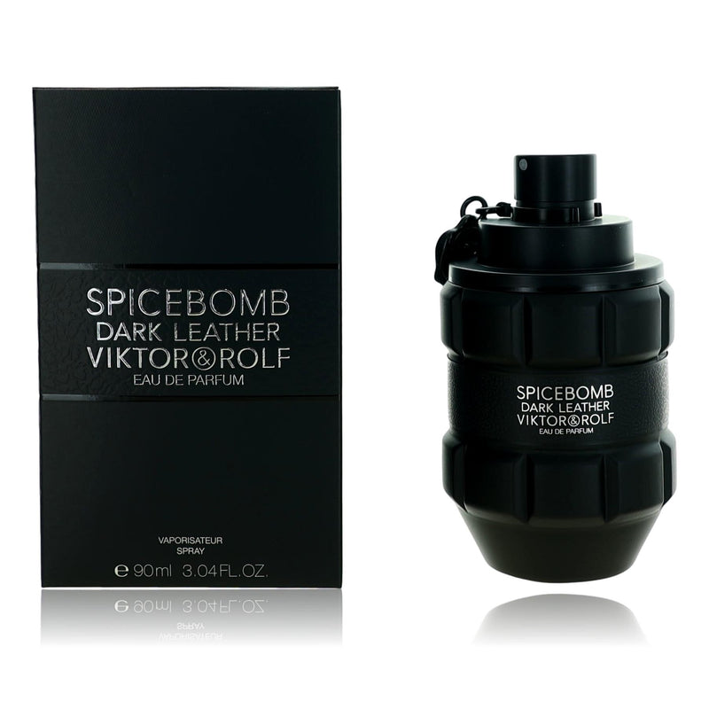 Viktor & Rolf Spicebomb Dark Leather 3 oz men's EDP spray bottle with dark leather packaging and spray nozzle.