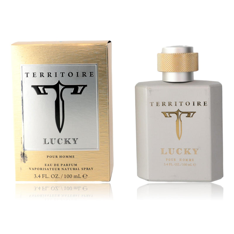 Yzy Territoire Lucky 3.4 oz men's EDP spray bottle with sleek design and label showing in the image.