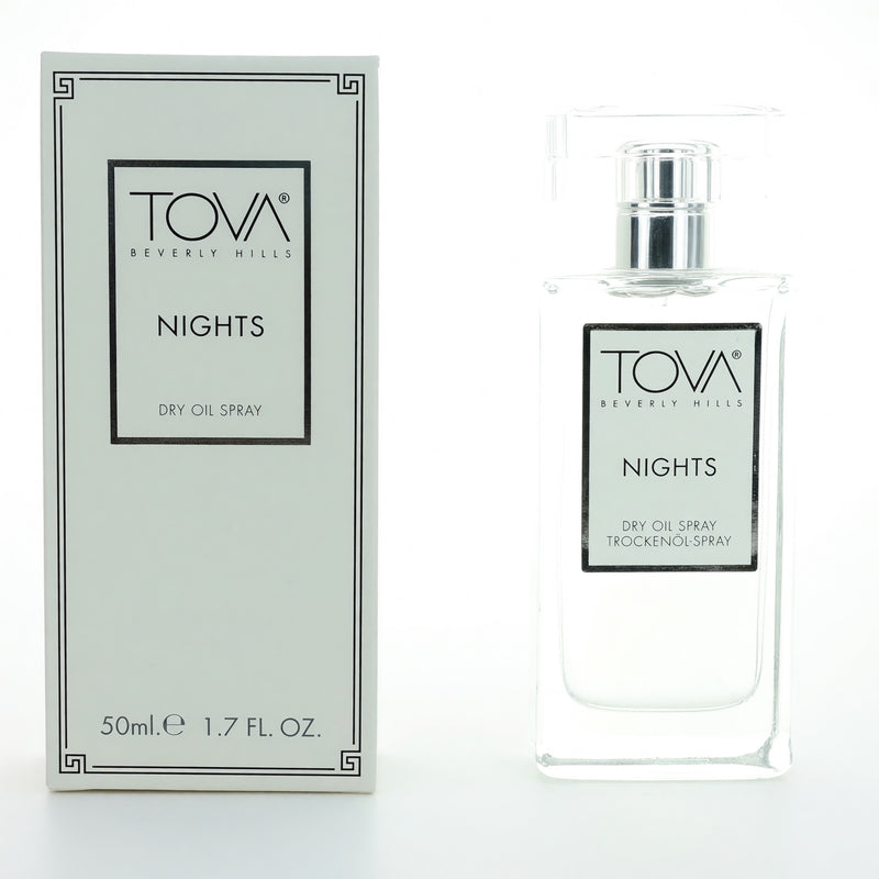 Tova Nights by Tova 1.7 oz dry oil spray for women, featuring a sleek bottle with a spray nozzle and elegant dark packaging.