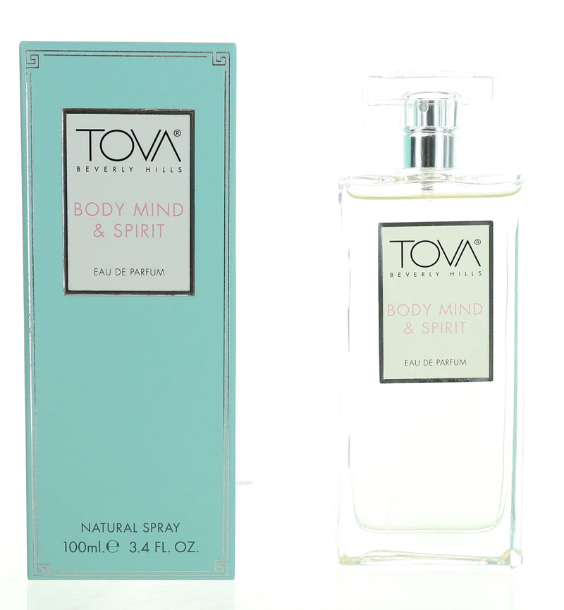 Tova Body Mind & Spirit 3.4 oz women's EDP spray bottle with elegant packaging and floral accents.