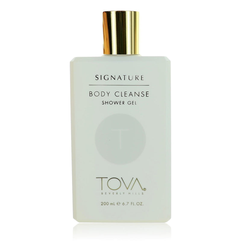 Tova Signature 6.7 oz body cleanse shower gel for women, clear bottle with blue liquid and Tova branding.