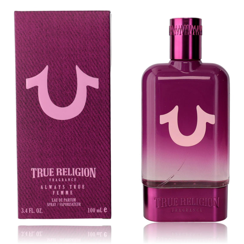 True Religion Always True Femme 3.4 oz women’s EDP spray bottle with elegant packaging and floral design.