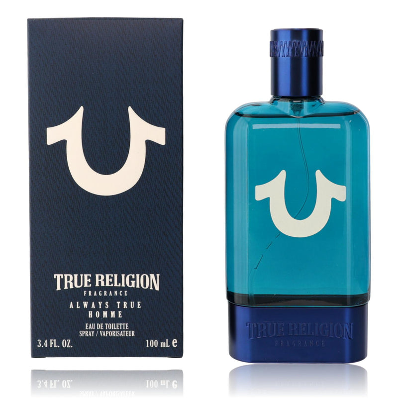 True Religion Always True Homme 3.4 oz men's Eau de Parfum spray bottle with sleek packaging and branding.