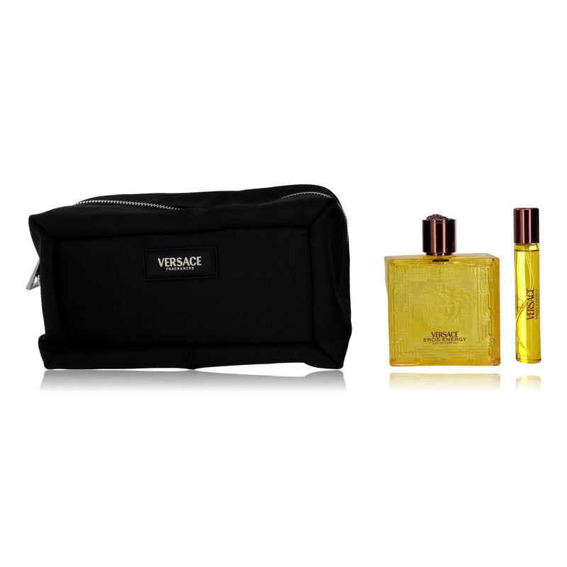 Versace Eros Energy men's 3-piece gift set including fragrance, deodorant, and aftershave, all with distinctive Versace branding.