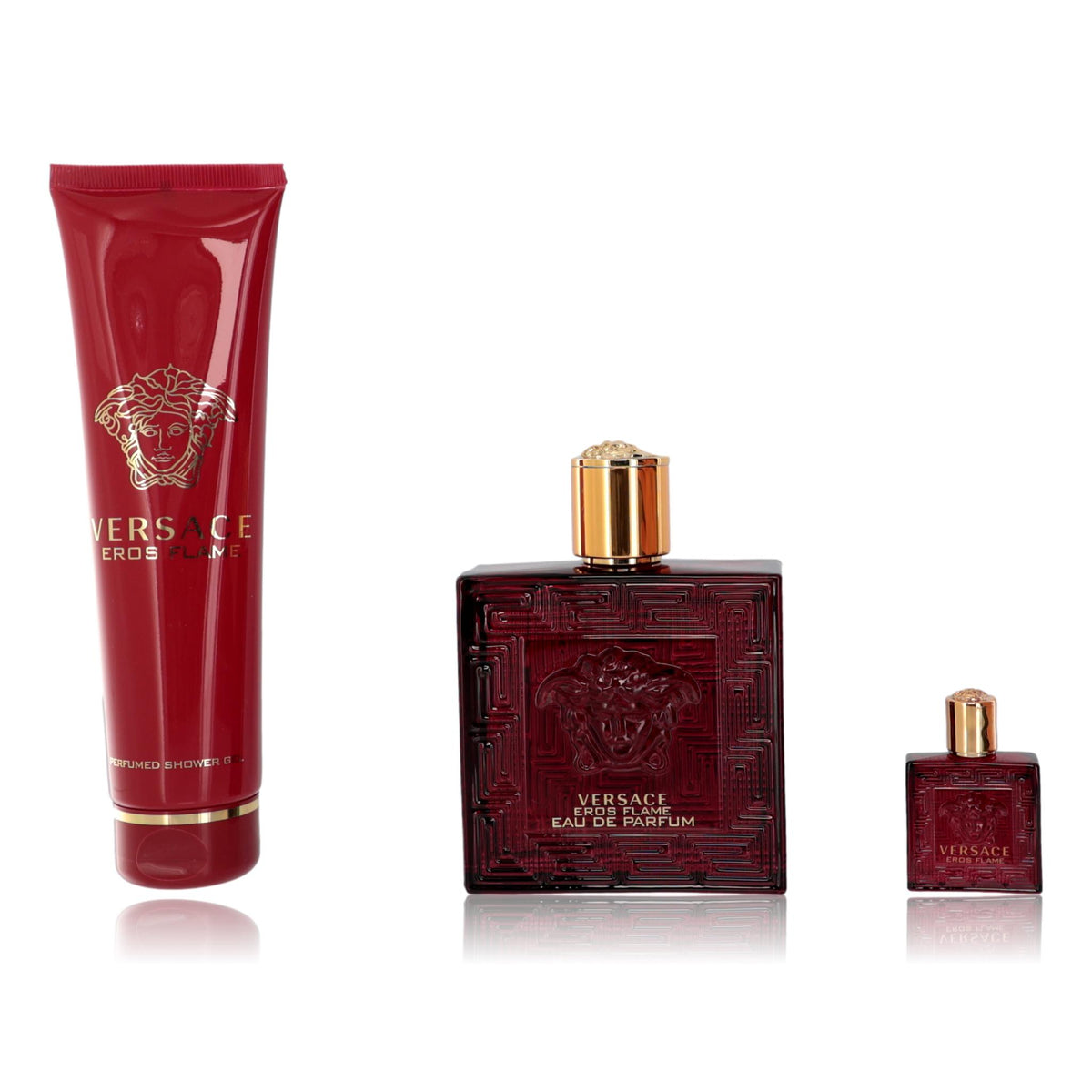 Versace Eros Flame 3-piece men's set with fragrance bottles and accessories, featuring bold packaging and stylish design.