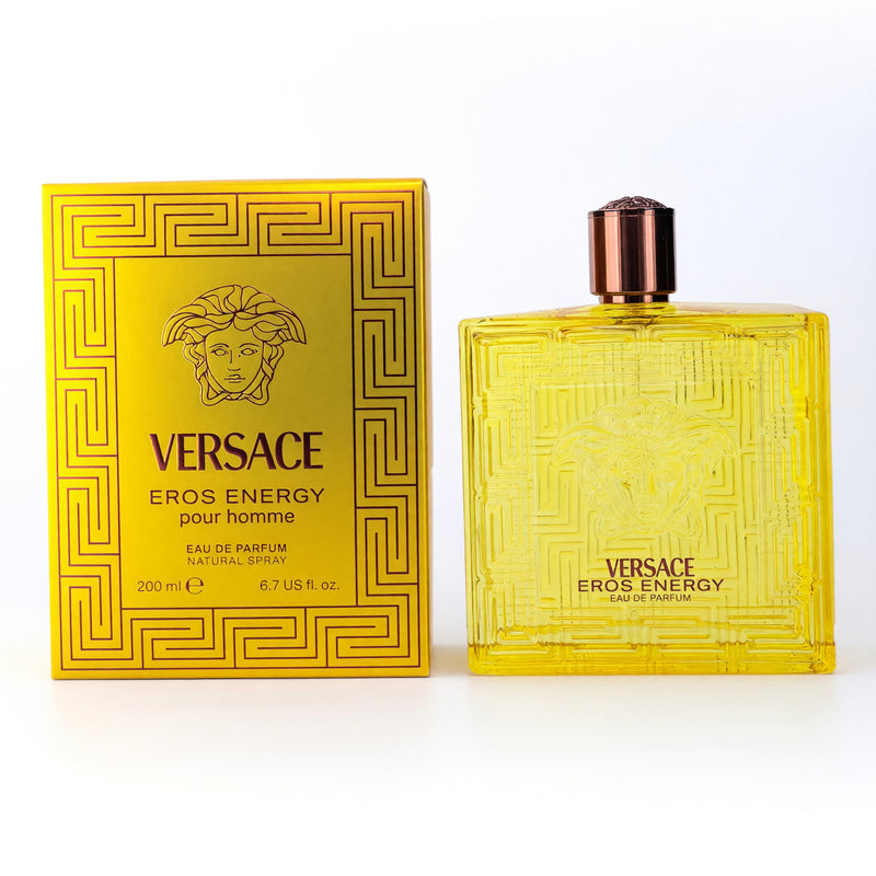 Versace Eros Energy 6.7 oz men's EDP spray bottle with sleek design for men.