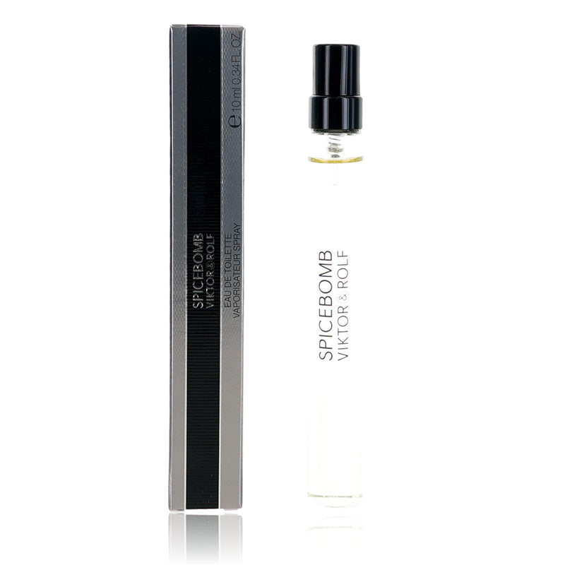Viktor & Rolf Spicebomb men's 0.34 oz EDT spray bottle, sleek design, with the fragrance label visible.