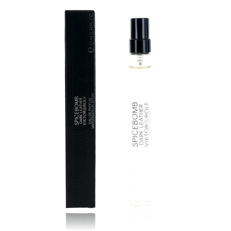 Viktor & Rolf Spicebomb Dark Leather 0.34 oz men's Eau de Parfum spray with dark leather bottle and sleek design.