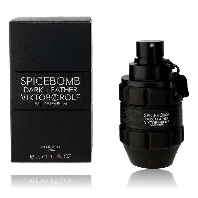 Viktor & Rolf Spicebomb Dark leather 1.7 oz EDP spray for men, featuring a dark leather bottle with gold accents.