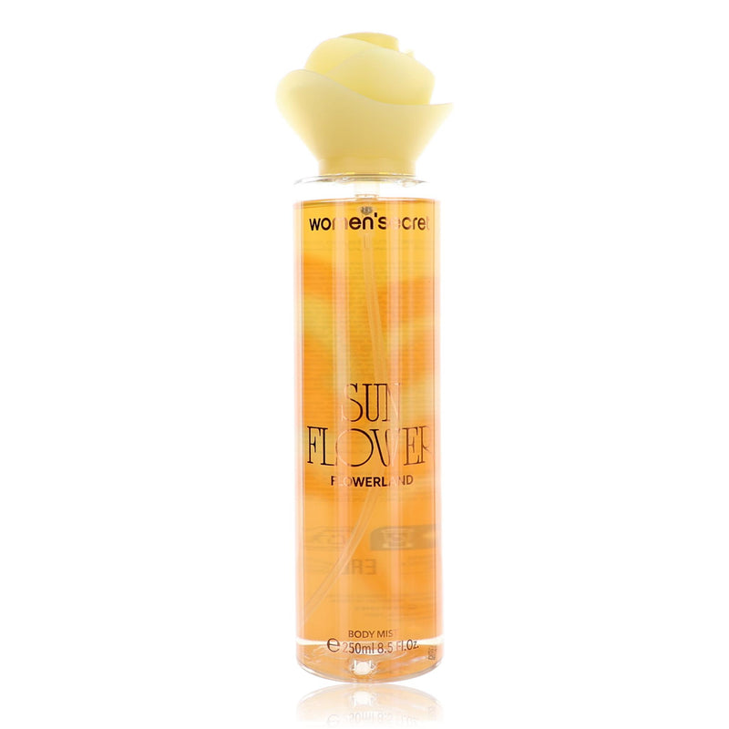 Women'Secret Flowerland Sun Flower 8.5 oz body mist for women, featuring floral and sunny fragrance, in a spray bottle.