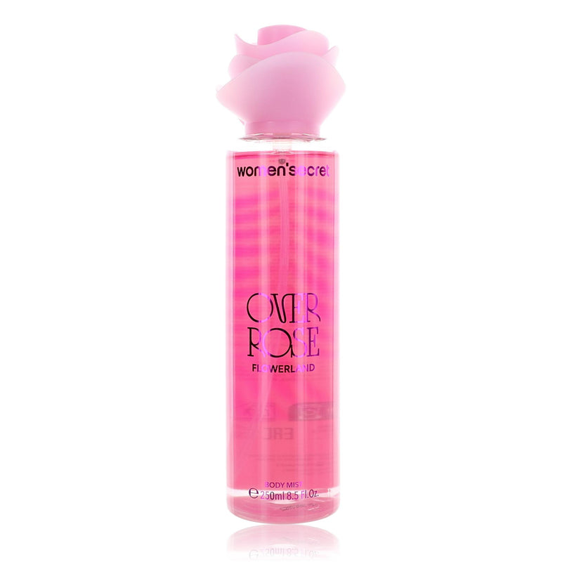 Women'Secret Flowerland Over Rose body mist bottle, 8.5 oz, with floral design, showcasing a feminine and refreshing fragrance.