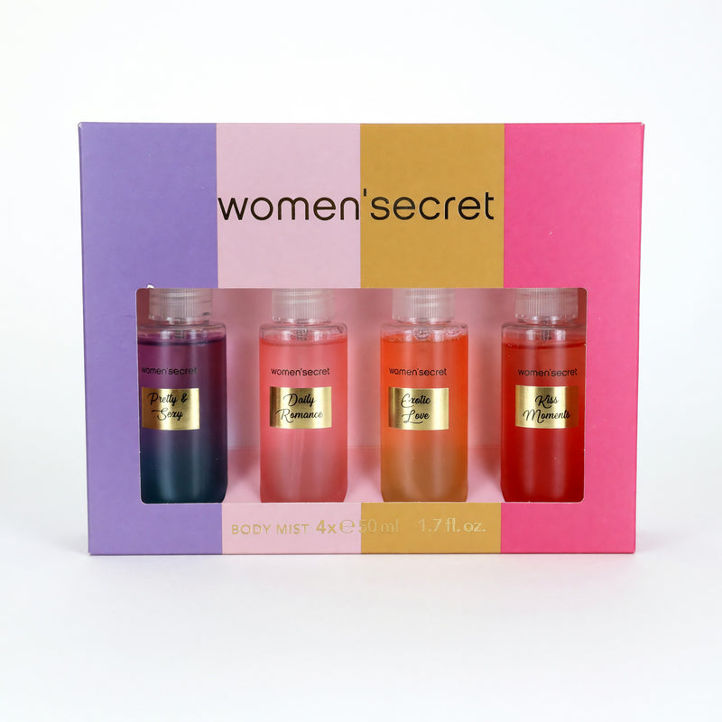 Women'Secret 4-piece body mist set for women, featuring various floral and fruity scents, displayed in elegant bottles.