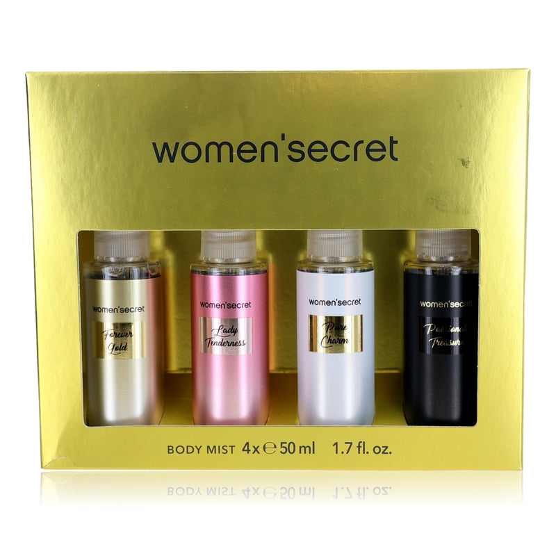 Women'Secret 4-piece body mist set for women, featuring gold packaging and a variety of fresh, floral fragrance bottles.