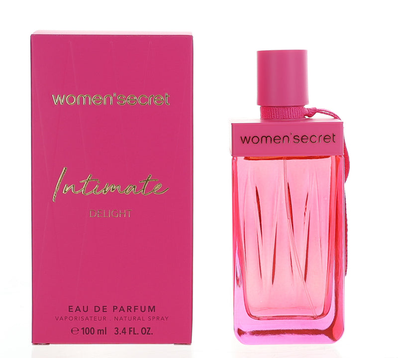 Women'Secret Intimate Delight 3.4 oz women's EDP spray bottle, elegant packaging and floral fragrance visible.