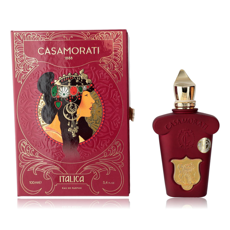 Xerjoff Casamorati Italica 3.4 oz unisex EDP spray bottle with elegant packaging and silver accents.
