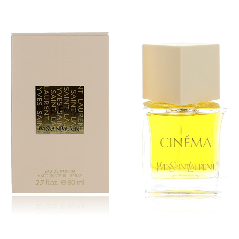 Yves Saint Laurent Cinema perfume spray for women, 2.7 oz EDP bottle, elegant packaging with a sleek design.