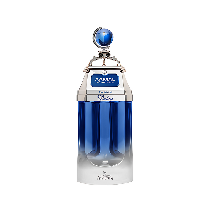 Aamal Metallique The Spirit of Dubai 3 oz perfume bottle with sleek metallic design and Dubai-themed accents.