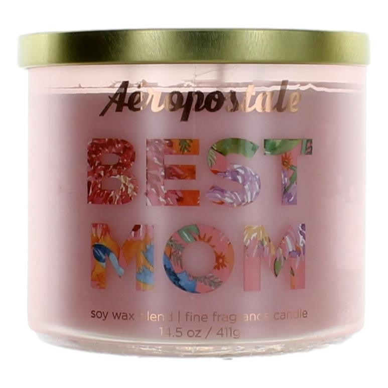 Aeropostale 14.5 oz soy wax blend 3-wick candle with "Best Mom" label, featuring a clear glass jar and a decorative lid.