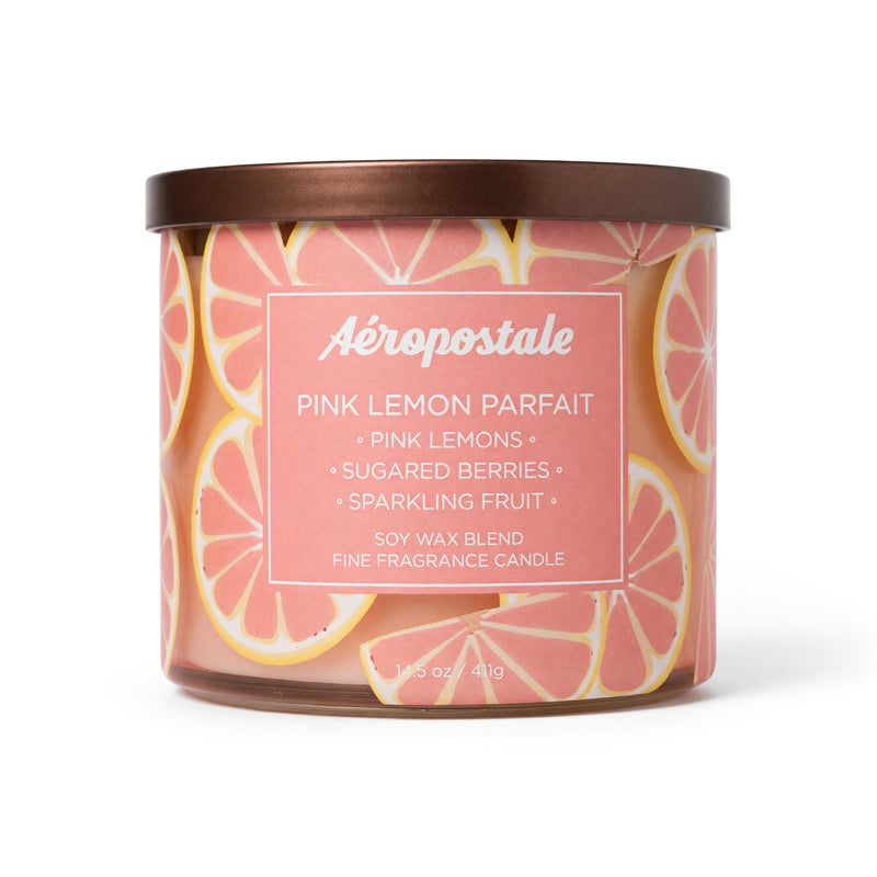 Aeropostale 14.5 oz pink Lemon Parfait soy wax blend 3-wick candle with pink lid and label, placed on a white surface.